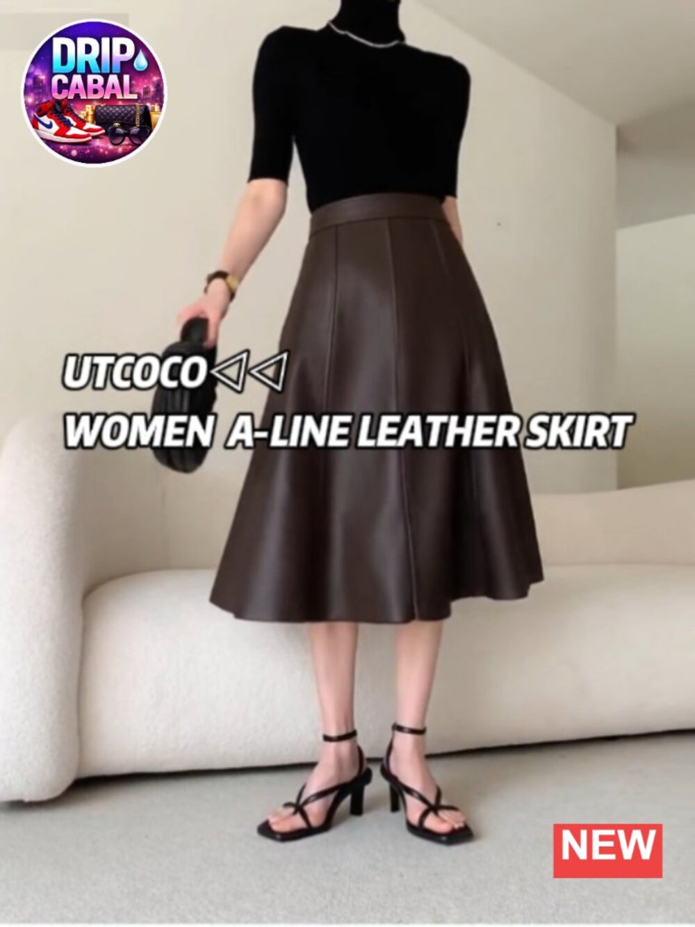 Women's High Waisted A-Line Midi Faux Leather Skirt with Ruffled Hem - Picture 6 of 6